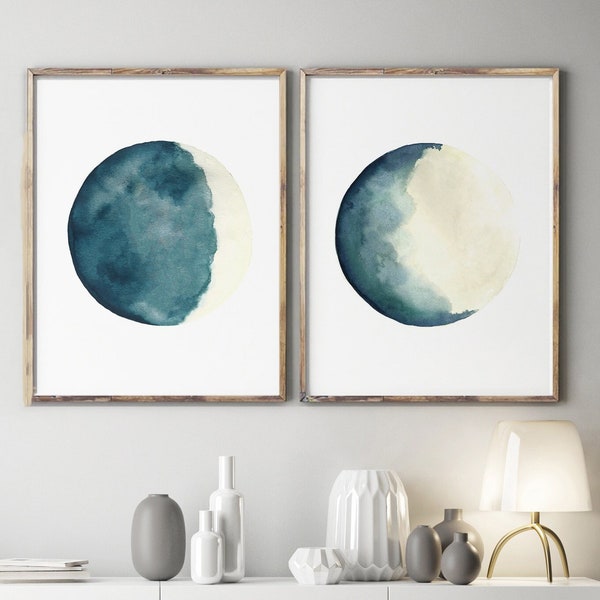Moon Phase Art Print, Moon Phase Prints, Moon Wall Art, set of 2 Moon Art, Waxing Crescent, Waning Gibbous, Blue Moon