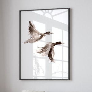 Wild Ducks Painting, Duck Brown Living Room Decor Minimalist Poster Modern Watercolor Large Canvas Room Decor, Bird Birds Abstract Art Print
