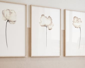 Juego de 3 impresiones de arte mural floral, flores abstractas, amapolas. Juego de 3 impresiones de arte mural de flores blancas, impresión de amapolas, impresión giclée, idea de regalo para mujer.
