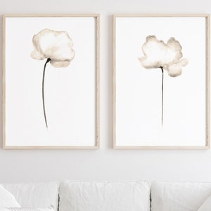 Watercolor Flower, White Poppy Artwork, Abstract Minimalist Flower, Canvas Large Painting set of 2, Modern Wall Decor, Poppy Art Print