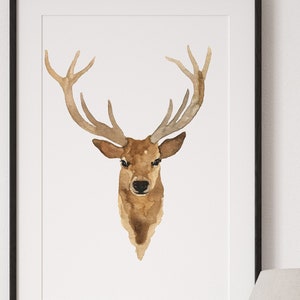 Deer Print Wall Art, Deer Art Print, Antlers Brown Prints, Stag Wall Decor, Canvas Deer Head Poster, Modern Minimalist Watercolor