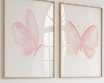 Butterfly Extra Large set of 2 Pink Painting, Minimalist Wall Decor, Abstract Watercolor Artwork Modern Poster, Baby Butterfly Nursery Art