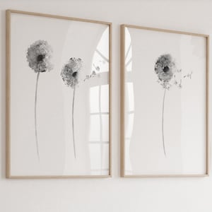 Dandelion Art Decor Gray Painting, Minimalist Flower Black and White Modern Wall Art Print, Abstract Living Room Painting set of 2