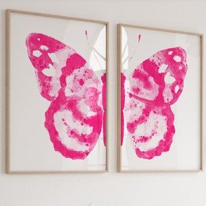 Butterfly Paining, abstracte vlindervleugels set van 2, hete roze minimalistische muur decor, kinderkamer kunst print minimalistische poster, moderne muur decor