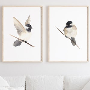 Chickadee Wall Art, Chickadee Art Print, Bird Poster, Chickadee Birds set of 2, Chickadee Wall Decor