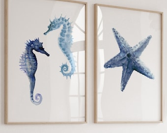 Sea Horse Painting Blue Starfish Watercolor, Modern Wall Art Ocean Life Artwork, Minimalist Beach House, Coastal Home Decor, set of 2 Prints