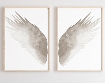 Art mural ailes d'ange, décoration murale ailes, lot de 2 décorations murales ailes, imprimé plumes beiges, peinture minimaliste taupe