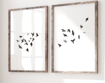 Simple Flying Birds, Minimalist Wall Art Print, Birds Black and White Art, set of 2 Bird Prints Modern Wall Decor Living Room Poster