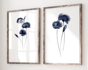 Poppy Watercolor, Abstract Blue Painting, Minimalist Floral Artwork, Modern Living Room, Botanical Wall Art, Navy Poster set of 2 Art Prints