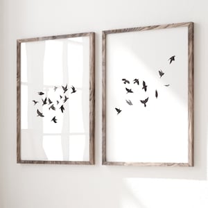 Simple Flying Birds, Minimalist Wall Art Print, Birds Black and White Art, set of 2 Bird Prints Modern Wall Decor Living Room Poster