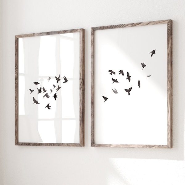 Simples oiseaux en vol, impression d'art mural minimaliste, oiseaux en noir et blanc, lot de 2 impressions d'oiseaux, décoration murale moderne, affiche de salon