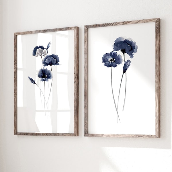 Poppy Watercolor, Abstract Blue Painting, Minimalist Floral Artwork, Modern Living Room, Botanical Wall Art, Navy Poster set of 2 Art Prints