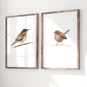 Arte de pared de reyezuelo, impresiones de reyezuelo de Carolina, juego de 2, pájaro reyezuelo marrón, impresiones digitales, decoración de sala de estar, pintura de acuarela de pájaro reyezuelo