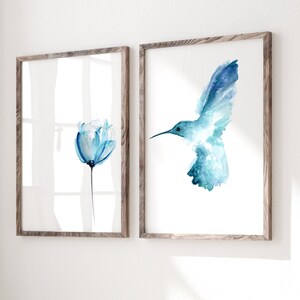 Hummingbird Gifts, Blue Hummingbird Painting, Watercolor Flower Gifts, set of 2 Hummingbird and Flower Art Prints