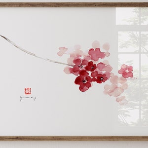 Fine art print of abstract watercolor painting cherry blossom hot pink flowers painting