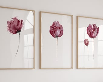 Peony Art Print, Peony Wall Art, Purple Peony Prints, Peony Flower Poster, Peony Prints set of 3 Living Room Wall Decor Watercolor Painting