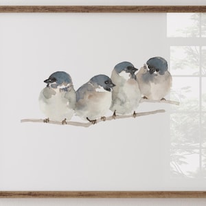 Può includere: Un dipinto ad acquerello di cinque piccoli uccelli appollaiati su un ramo. Gli uccelli sono grigi e bianchi con teste blu e guardano a sinistra. Il dipinto è incorniciato in una cornice di legno marrone chiaro.