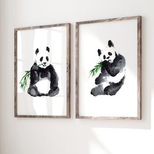 Panda Painting, set of 2 Watercolor Artwork, Minimalist Poster Animal Art, Living Room Art Print, Digital Downloads, Bear Living Room Decor