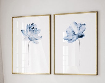 Blue Flower Poster, Coastal Style Abstract Wall Art, Modern Floral Illustration, Botanical Art Print, Living Room Decor, Lotus Painting