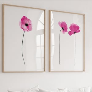 Póster de flor de acuarela, color rosa intenso, decoración de pared de amapola, juego de 2 impresiones artísticas florales, decoración botánica, idea de regalo para el hogar.
