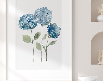 Blue Hydrangea, Hydrangea Print, Hydrangea Painting, Floral Wall Decor, Botanical Art Print, Living Room Art, Hydrangea Watercolor Painting