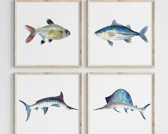 Fish Print Wall Art Blue Home Decor, Set 4 Fishes Wall Art Print, X-ray Pristella, Tuna, Marlin, Sailfish Abstract Minimalist Picture