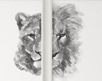 Lion Art Print, Lioness Art Print, Lion Wall Art, Lion Head Prints, Lion set of 2, Lion and Lioness, Queen and King Bedroom Wall Decor