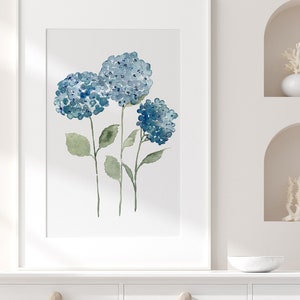 Hortensia azul, impresión de hortensias, pintura de hortensias, decoración de pared floral, impresión de arte botánico, arte para sala de estar, pintura de acuarela de hortensias