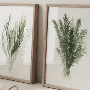 Kräuter Wand-Dekor, Rosmarin Wohndekor, Kraut Kunstdruck Grün Wand-Dekor, Botanische Wildblumen Wand-Kunst-Set 2 Drucke Aquarell Malerei