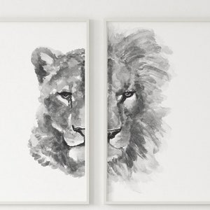 ライオンアートプリント、雌ライオンアートプリント、ライオンウォールアート、ライオンヘッドプリント、ライオン2体セット、ライオンと雌ライオン、クイーンとキングの寝室の壁飾り