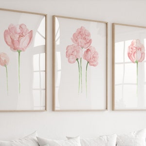 Watercolor Peony, Pink Flower Painting, Minimalist Floral Wall Decor, Abstract Artwork set of 3 Prints, Botanical Illustration Modern Art