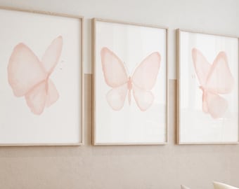 Set of 3 Blush Pink Watercolor Butterfly Prints, Perfect Gift for Baby Girl Nursery (Digital Download)