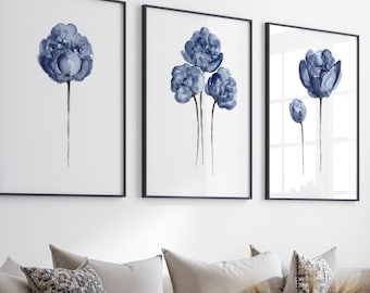 Watercolor Peony Painting, Minimalist Wall Decor, set of 3 Prints, Botanical Artwork, Three Extra Large Prints, Navy Blue Flower Art