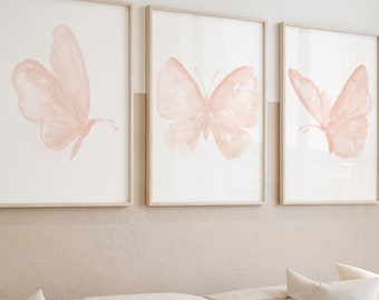 Butterfly Art Prints: Peach Pink Watercolor, Set of 3, Nursery Decor