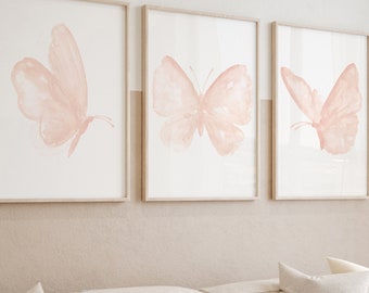 Butterfly Art Print, Blush Pink Nursery Art, set of 3 Prints, Baby Girl Nursery Decor, Kids Room Wall Art, Peach Pink Watercolor Painting