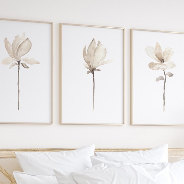 Impression d'art magnolia, art mural botanique, affiche minimaliste, lot de 3 fleurs blanches taupe, très grande décoration d'intérieur moderne, peinture à l'aquarelle