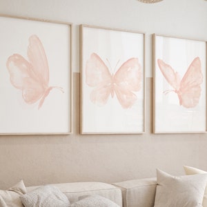 Butterfly Art Print, Blush Pink Nursery Art, set of 3 Prints, Baby Girl Nursery Decor, Kids Room Wall Art, Peach Pink Watercolor Painting