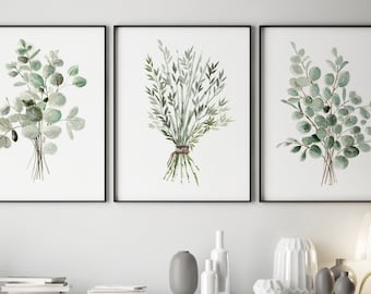 Set of 3 Eucalyptus Prints, Modern Wall Decor, Abstract Botanical Poster, Minimalist Room Painting, Watercolor Extra Large Canvas Art Print