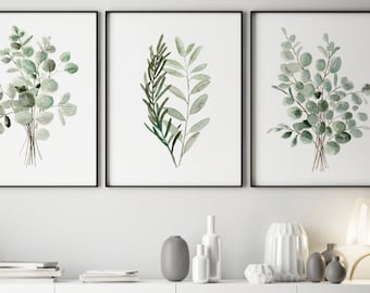Set of 3 Watercolor, Extra Large Eucalyptus Prints, Modern Wall Decor, Abstract Botanical Poster, Minimalist Room Painting, Canvas Art Print