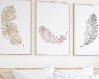 Feather Wall Art, Abstract Minimalist Feather Art Print, set of 3 Feathers, set of 3 Golden Blush Pink and Gray Prints Nursery Room Decor