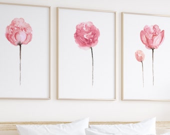 Peony Print Wall Art, Peony Flower Art Print, Pink Peony Shabby Chic Home Decor, Light Pink Baby Girl Floral Nursery DecorPainting set of 3