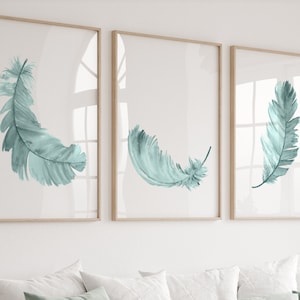 Feather Painting, Feather Decor set of 3, Anniversary Gift, Anniversary Prints Living Room Decor, Watercolor Artwork, Teal Feather Art Print