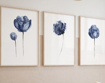 Peony Wall Art, Blue Flower Painting, Navy Blue Peony Print, Abstract Flower set of 3, Modern Poster, Living Room Watercolor Artwork