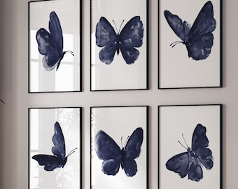 Butterfly Art Print Nursery set of 6 Butterflies, Navy Blue Wall Art, Butterfly Poster Living Room Decor, Butterfly Print Wall Art