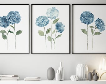 Hydrangea Wall Art, Hydrangea Art Print, Blue Flower set of 3