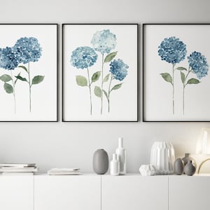 Hortensie Wandkunst, Hortensie Kunstdruck, blaue Blume 3er-Set