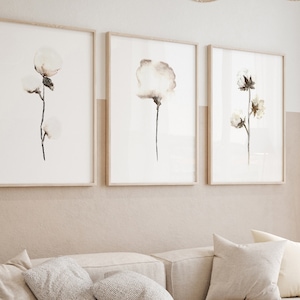 Cotton Painting Cotton Wall Decor Minimalist Poster White Flower Living Room Decor Abstract Modern Art set of 3 Prints, Botanical Watercolor