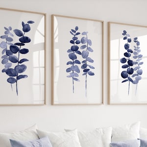 Eucalipto pintura sala de estar acuarela abstracto moderno arte de la pared cartel botánico conjunto extra grande de 3, impresión de arte minimalista azul real