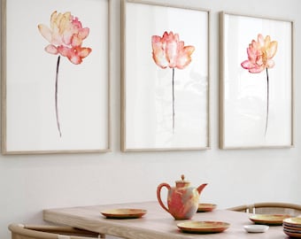 Lotus Print, Set of 3, Red Orange and Yellow Flower, Nursery Print Wall Art, ,Watercolor Painting,Digital Prints, Botanical Poster