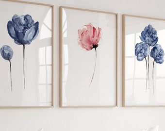 Peony Art Print set 3 Flowers, Peony Navy Blue Rose Pink Giclee Fine Art Prints, 3 Peony Flowers Watercolor Painting